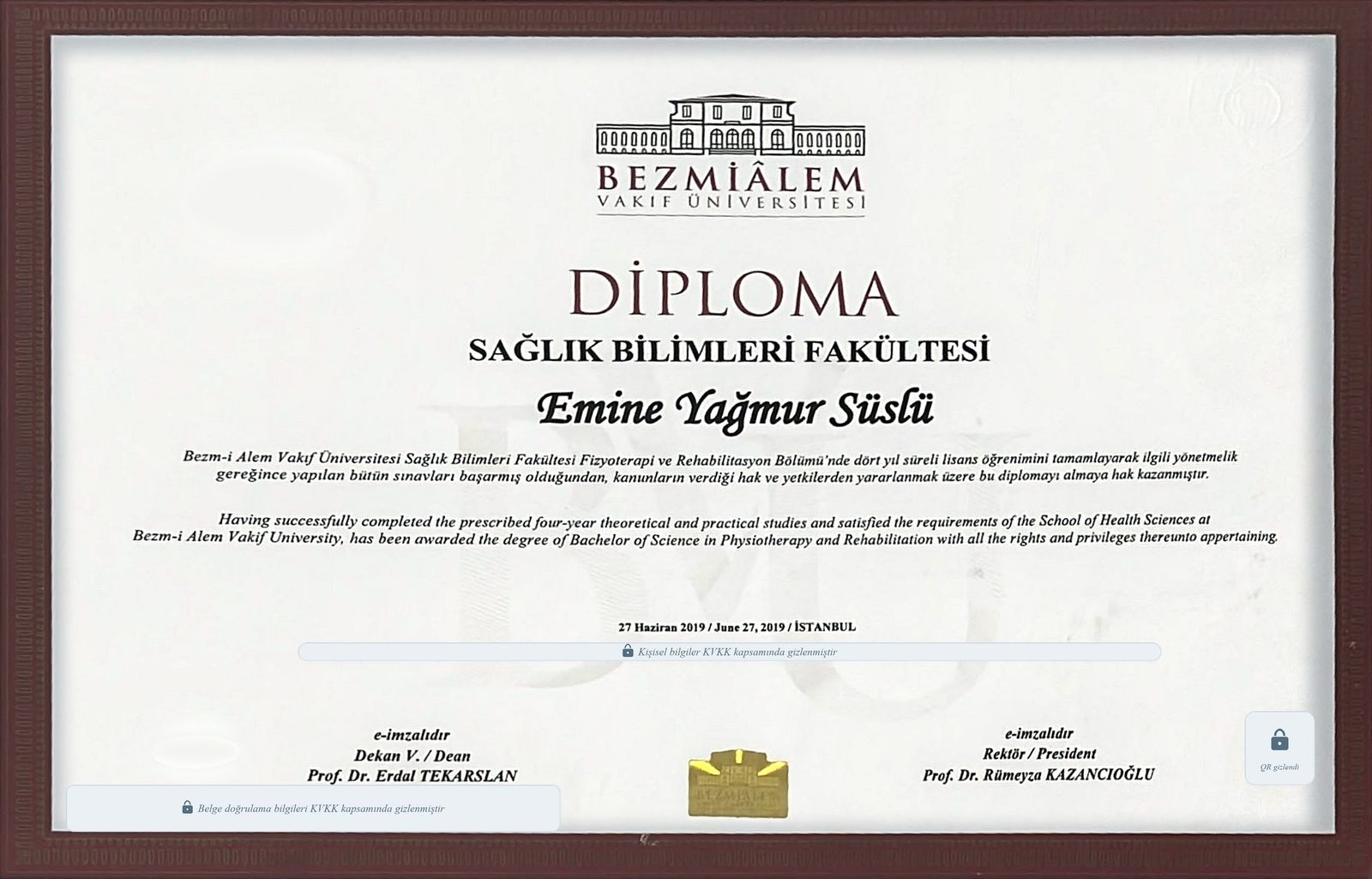 Bezmiâlem Vakıf Üniversitesi Fizyoterapi ve Rehabilitasyon lisans diploması