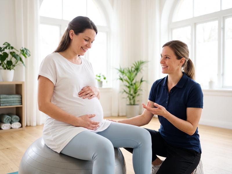 Pilates topu üzerinde nefes egzersizi yapan hamile kadın ve fizyoterapist