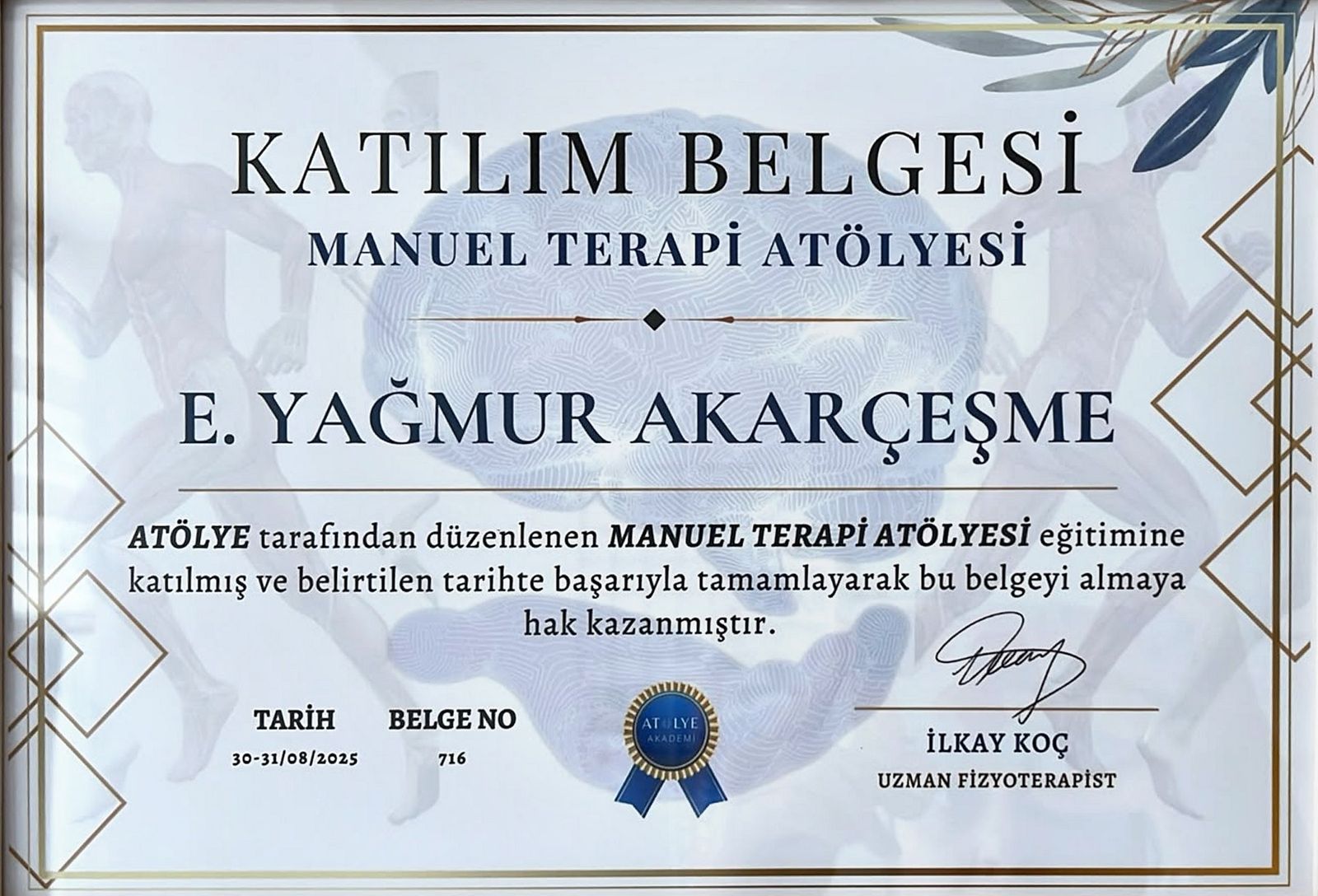 Manuel Terapi Atölyesi belgesi
