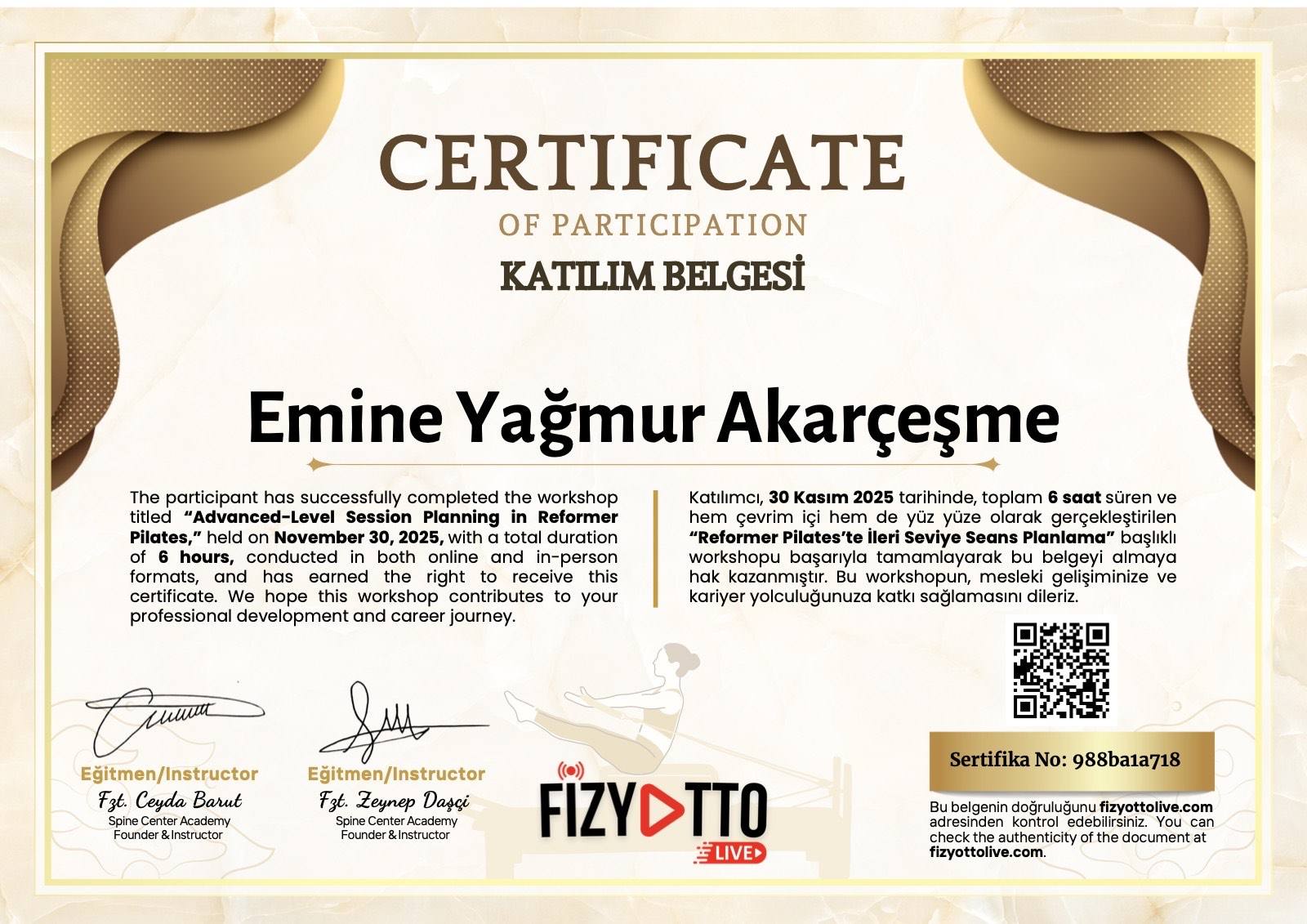 Reformer Pilates'te İleri Seviye Seans Planlama belgesi