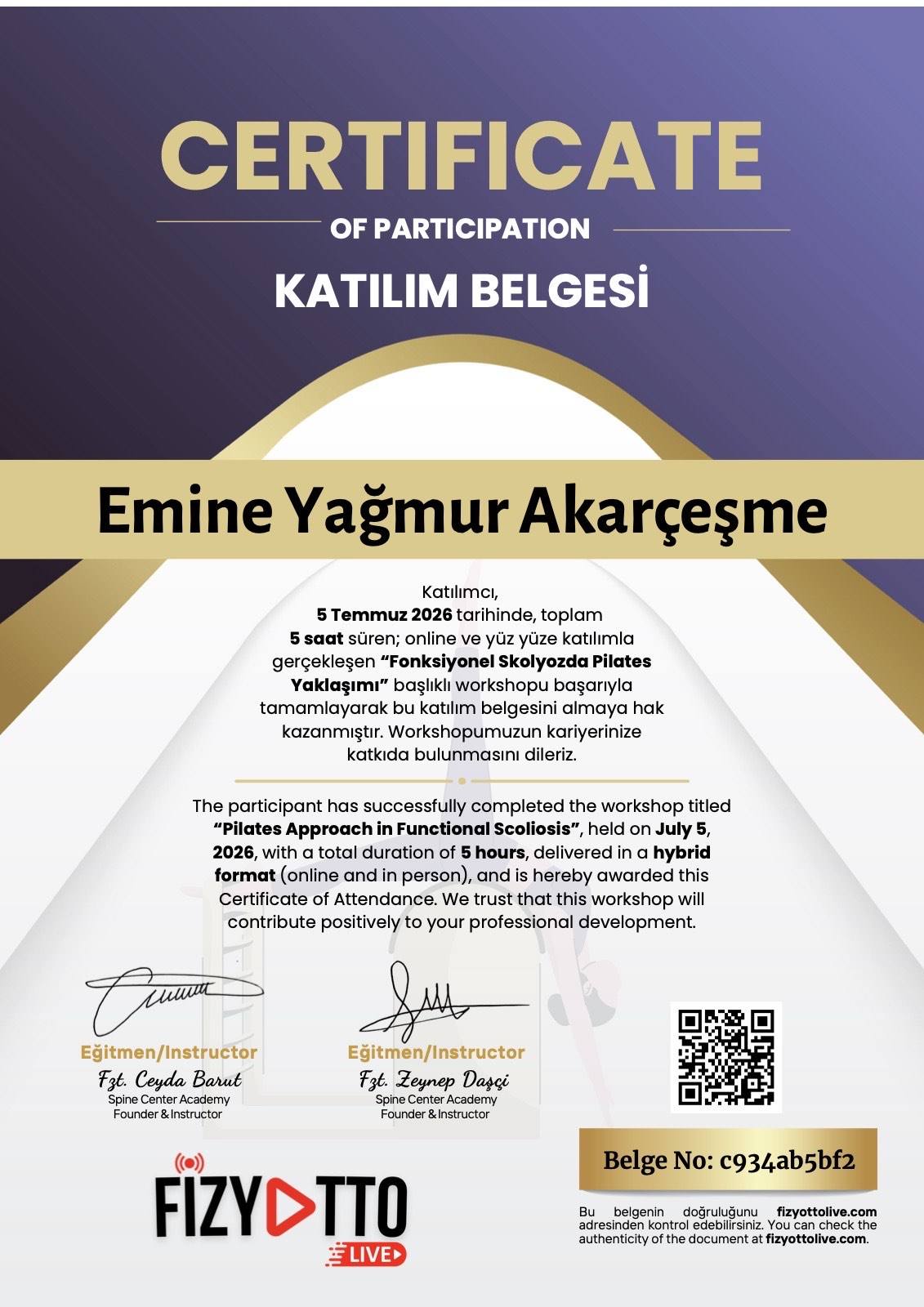 Fonksiyonel Skolyozda Pilates Yaklaşımı belgesi