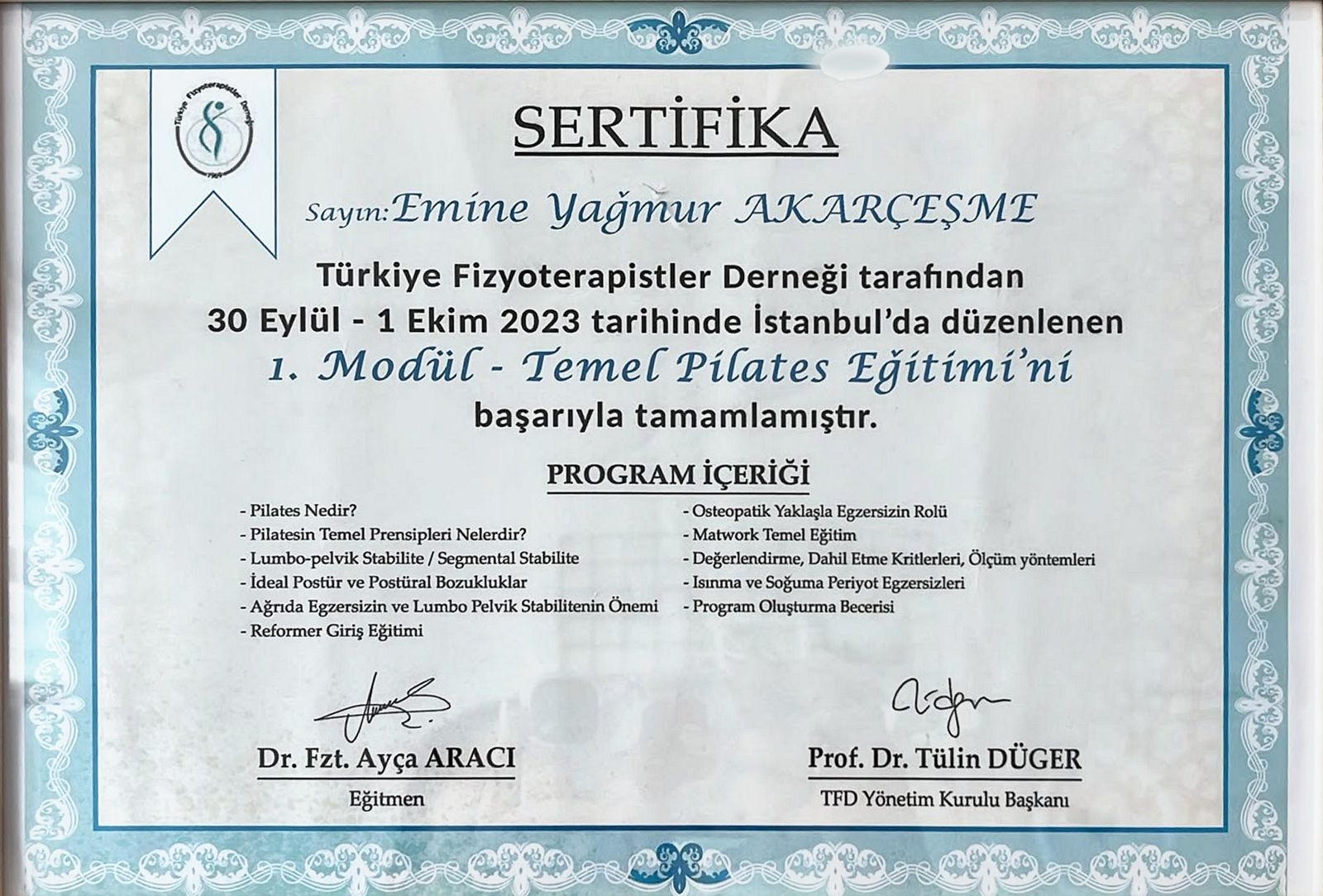 Temel Pilates Eğitimi (1. Modül) belgesi