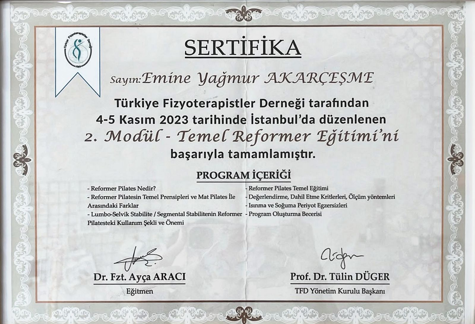 Temel Reformer Eğitimi (2. Modül) belgesi